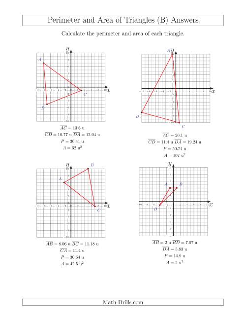 The Perimeter and Area of Triangles on Coordinate Planes (B) Math Worksheet Page 2