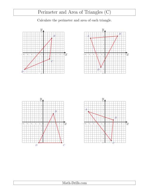 The Perimeter and Area of Triangles on Coordinate Planes (C) Math Worksheet