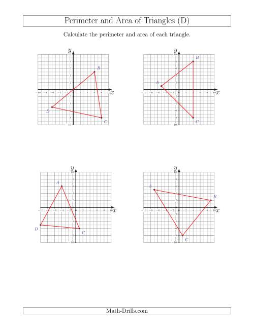 The Perimeter and Area of Triangles on Coordinate Planes (D) Math Worksheet