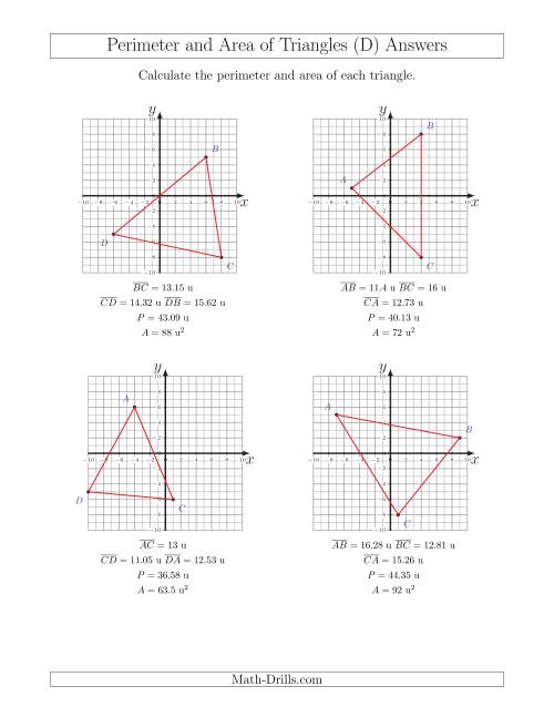 The Perimeter and Area of Triangles on Coordinate Planes (D) Math Worksheet Page 2