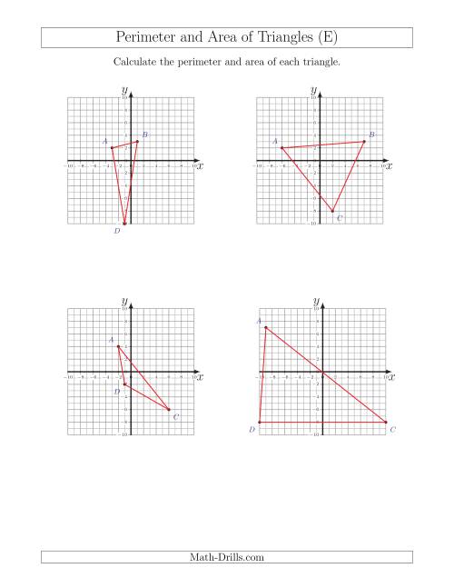 The Perimeter and Area of Triangles on Coordinate Planes (E) Math Worksheet