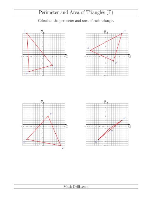 The Perimeter and Area of Triangles on Coordinate Planes (F) Math Worksheet