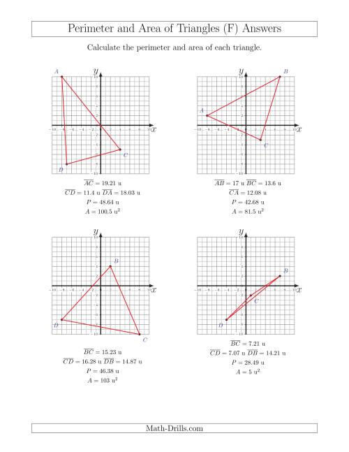 The Perimeter and Area of Triangles on Coordinate Planes (F) Math Worksheet Page 2
