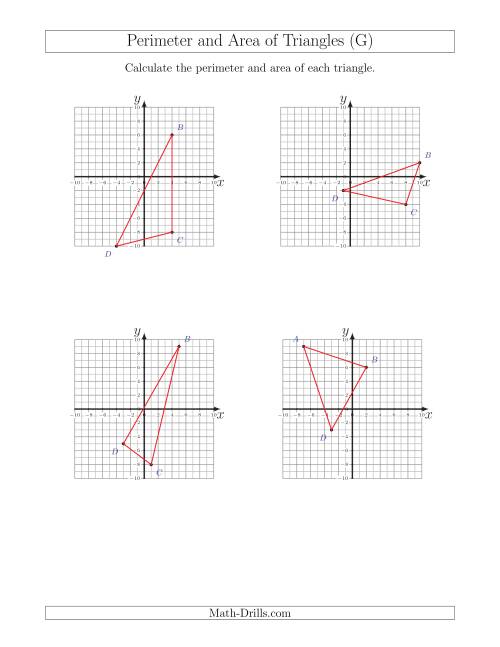 The Perimeter and Area of Triangles on Coordinate Planes (G) Math Worksheet
