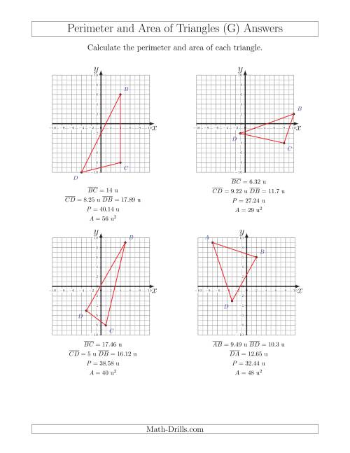 The Perimeter and Area of Triangles on Coordinate Planes (G) Math Worksheet Page 2