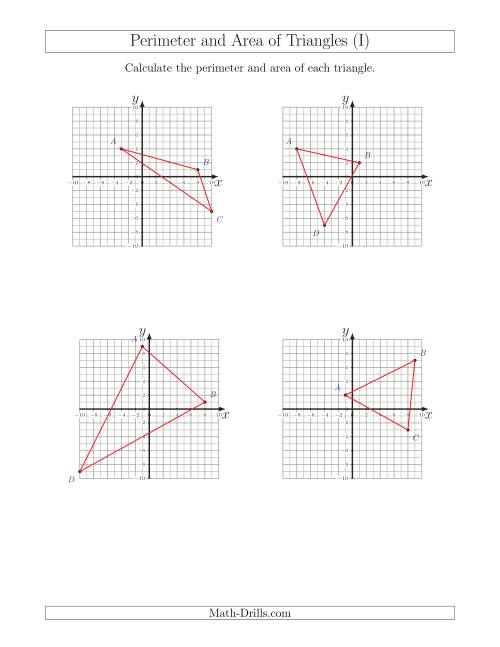 The Perimeter and Area of Triangles on Coordinate Planes (I) Math Worksheet