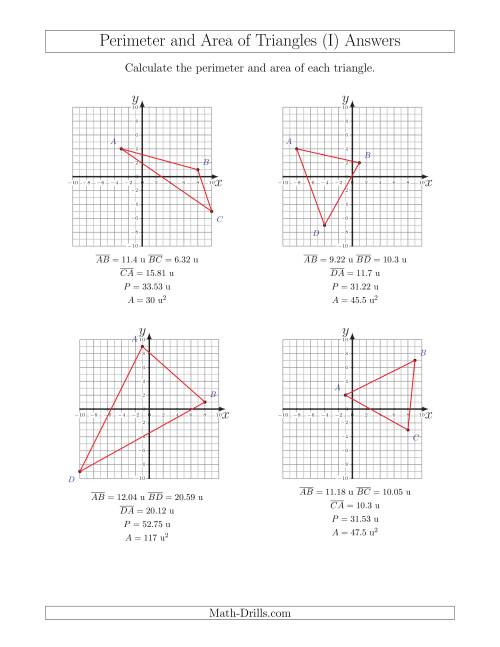 The Perimeter and Area of Triangles on Coordinate Planes (I) Math Worksheet Page 2