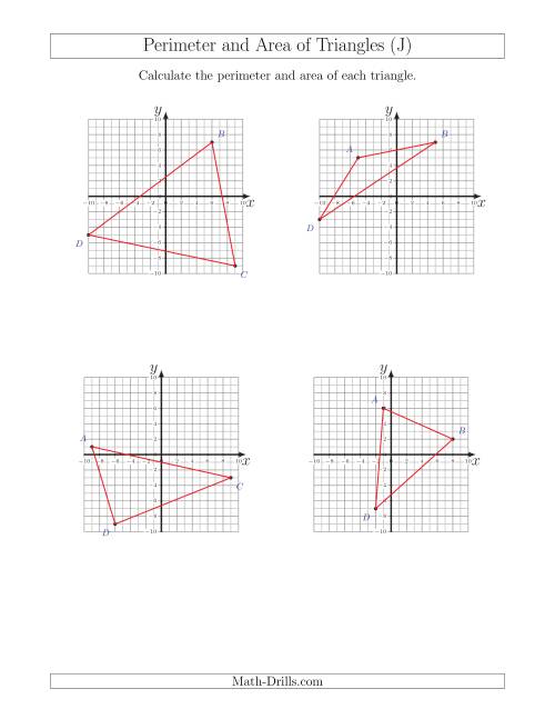 The Perimeter and Area of Triangles on Coordinate Planes (J) Math Worksheet