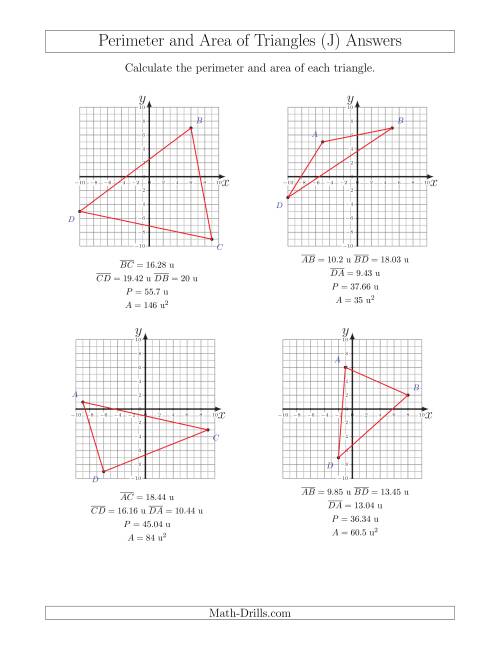 The Perimeter and Area of Triangles on Coordinate Planes (J) Math Worksheet Page 2