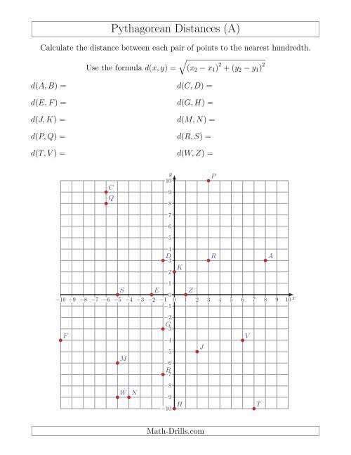 The Calculating the Distance Between Two Points Using Pythagorean Theorem (A) Math Worksheet