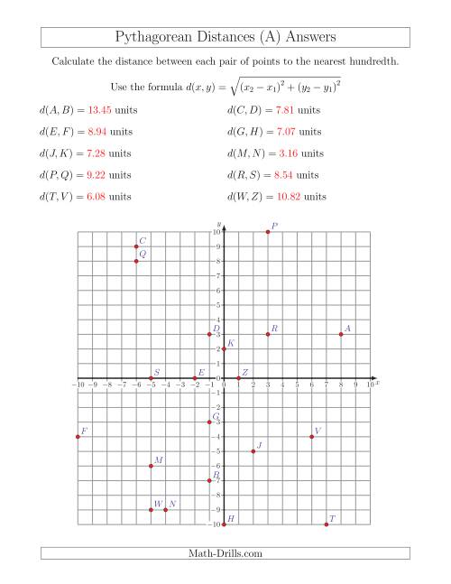 The Calculating the Distance Between Two Points Using Pythagorean Theorem (A) Math Worksheet Page 2