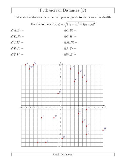 The Calculating the Distance Between Two Points Using Pythagorean Theorem (C) Math Worksheet