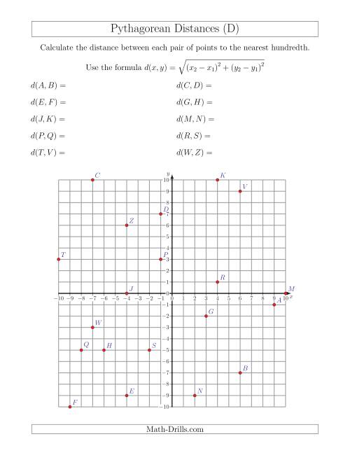 The Calculating the Distance Between Two Points Using Pythagorean Theorem (D) Math Worksheet