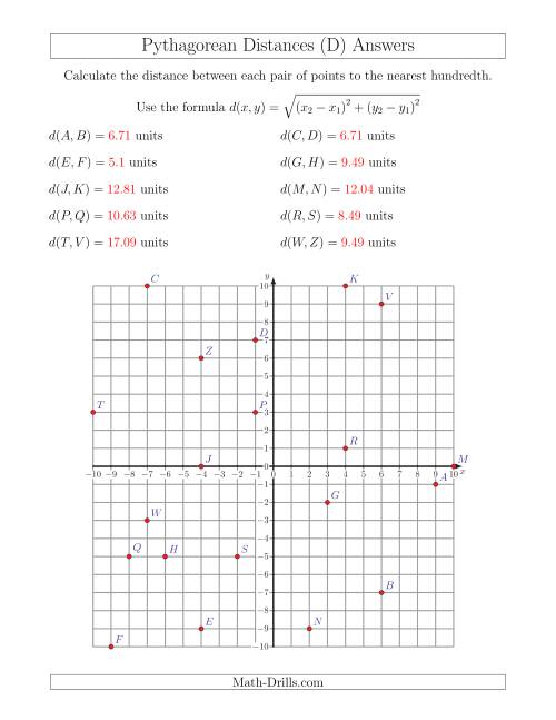The Calculating the Distance Between Two Points Using Pythagorean Theorem (D) Math Worksheet Page 2