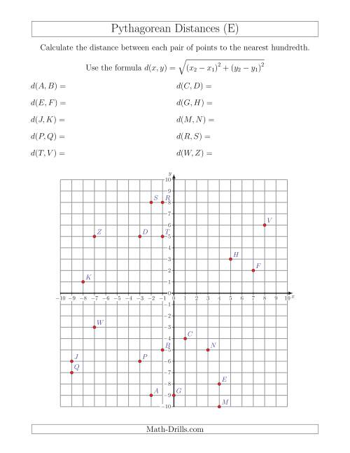 The Calculating the Distance Between Two Points Using Pythagorean Theorem (E) Math Worksheet