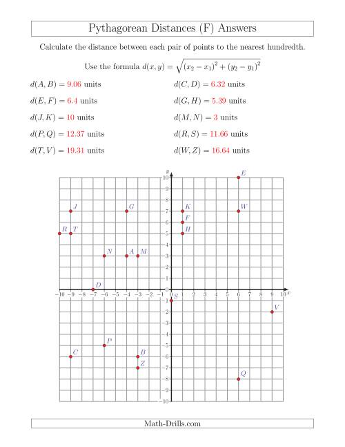 The Calculating the Distance Between Two Points Using Pythagorean Theorem (F) Math Worksheet Page 2