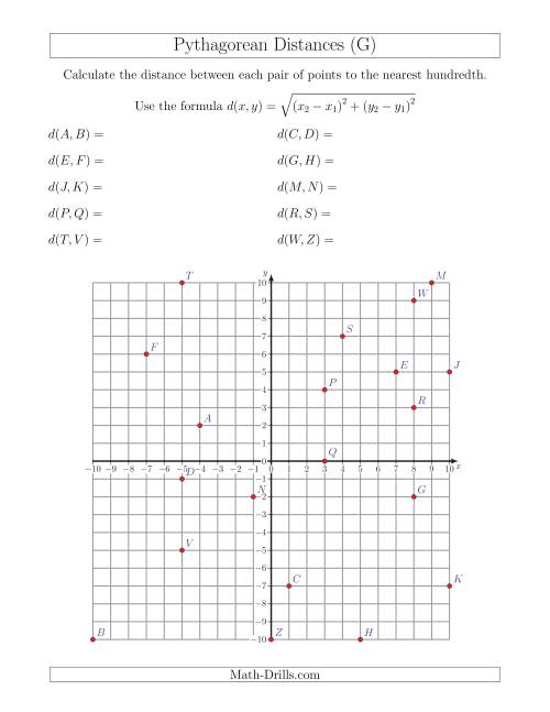 The Calculating the Distance Between Two Points Using Pythagorean Theorem (G) Math Worksheet