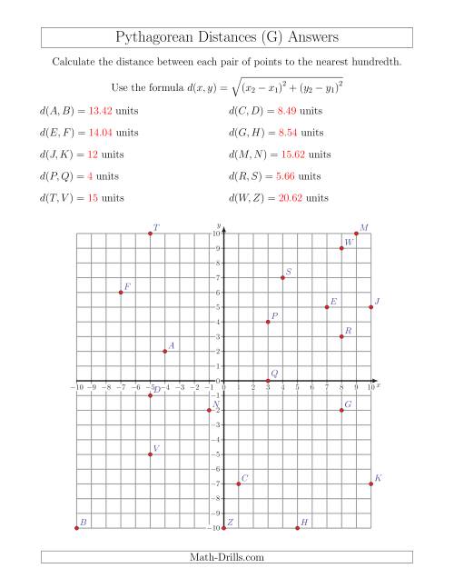 The Calculating the Distance Between Two Points Using Pythagorean Theorem (G) Math Worksheet Page 2
