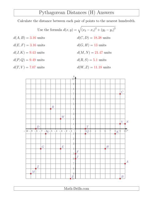 The Calculating the Distance Between Two Points Using Pythagorean Theorem (H) Math Worksheet Page 2