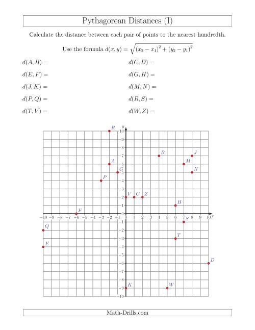 The Calculating the Distance Between Two Points Using Pythagorean Theorem (I) Math Worksheet