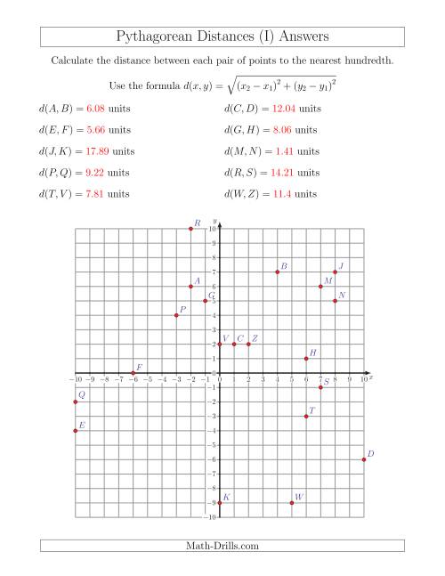 The Calculating the Distance Between Two Points Using Pythagorean Theorem (I) Math Worksheet Page 2