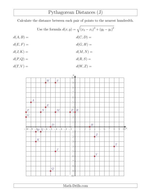 The Calculating the Distance Between Two Points Using Pythagorean Theorem (J) Math Worksheet