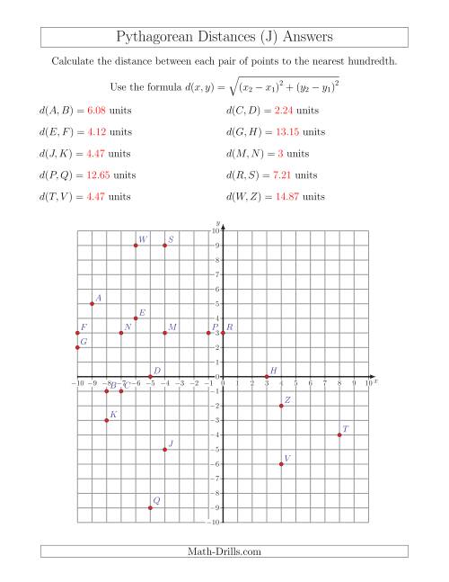 The Calculating the Distance Between Two Points Using Pythagorean Theorem (J) Math Worksheet Page 2