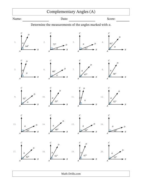 The Complementary Angle Relationships (A) Math Worksheet