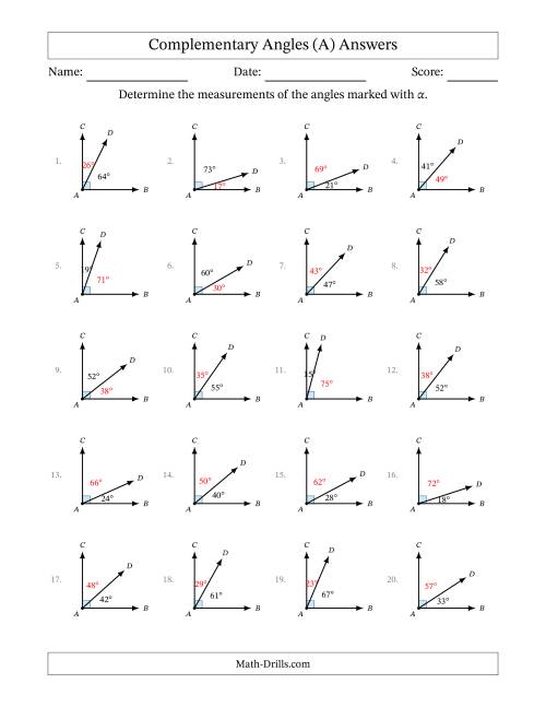 The Complementary Angle Relationships (A) Math Worksheet Page 2