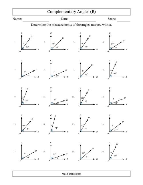The Complementary Angle Relationships (B) Math Worksheet