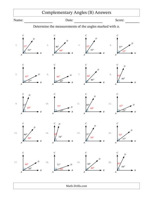 The Complementary Angle Relationships (B) Math Worksheet Page 2