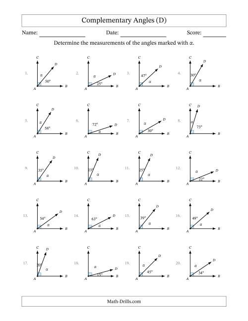 The Complementary Angle Relationships (D) Math Worksheet