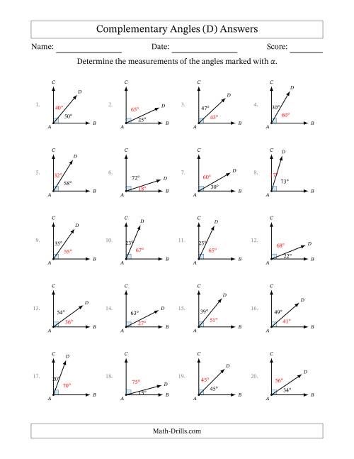 The Complementary Angle Relationships (D) Math Worksheet Page 2