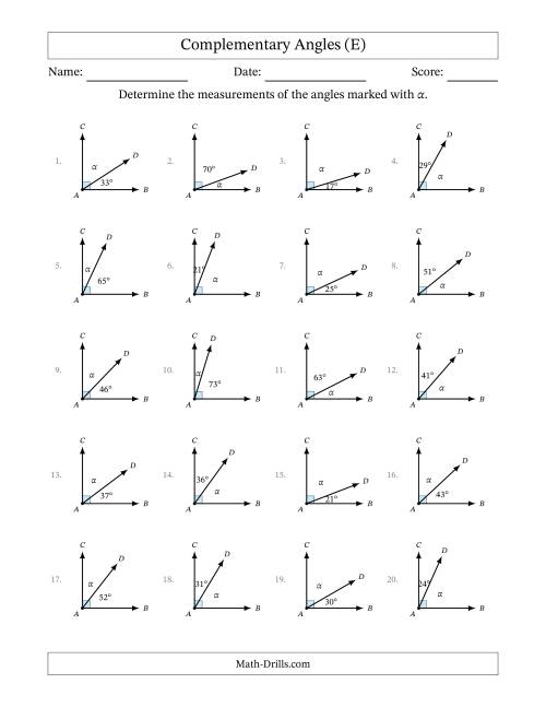 The Complementary Angle Relationships (E) Math Worksheet