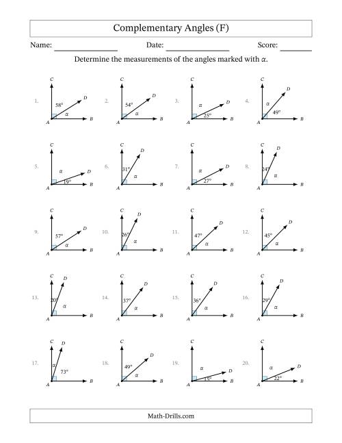 The Complementary Angle Relationships (F) Math Worksheet