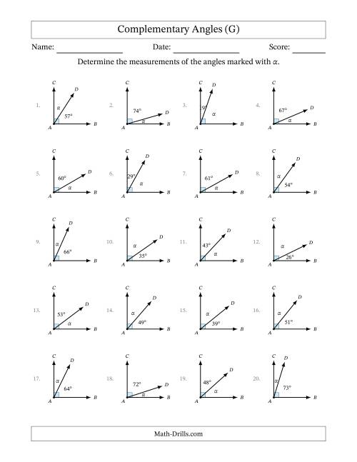 The Complementary Angle Relationships (G) Math Worksheet