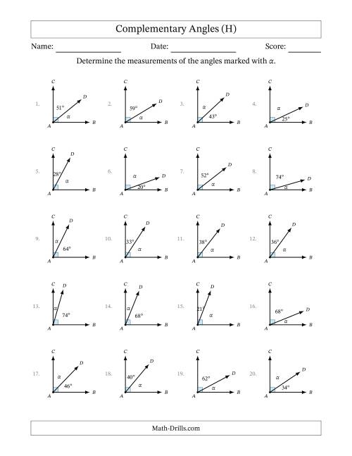 The Complementary Angle Relationships (H) Math Worksheet