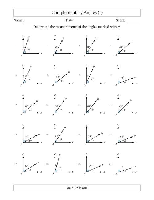 The Complementary Angle Relationships (I) Math Worksheet