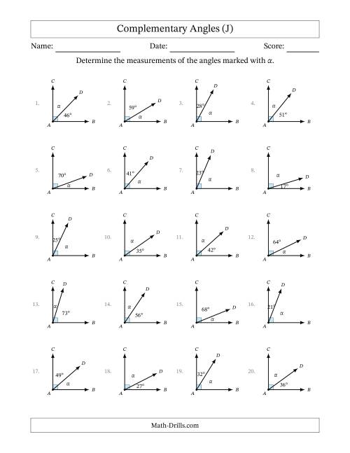 The Complementary Angle Relationships (J) Math Worksheet