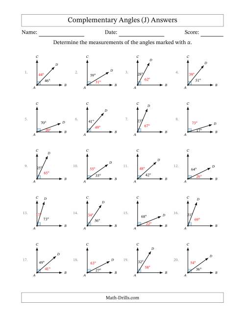 The Complementary Angle Relationships (J) Math Worksheet Page 2