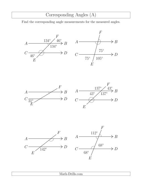 The Corresponding Angle Relationships (A) Math Worksheet