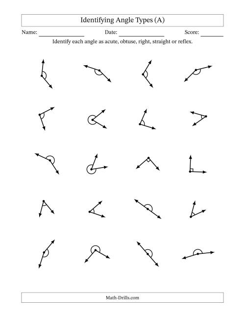 The Naming Angles (Acute, Obtuse, Right, Straight, Reflex) (A) Math Worksheet