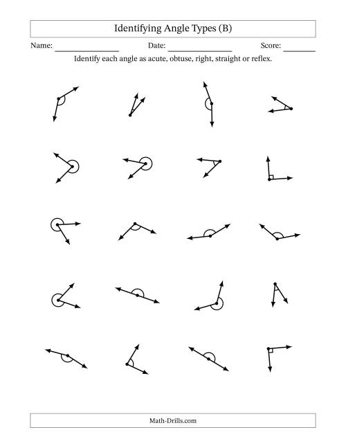 The Identifying Acute, Obtuse, Right, Straight And Reflex Angles With Angle Marks (B) Math Worksheet