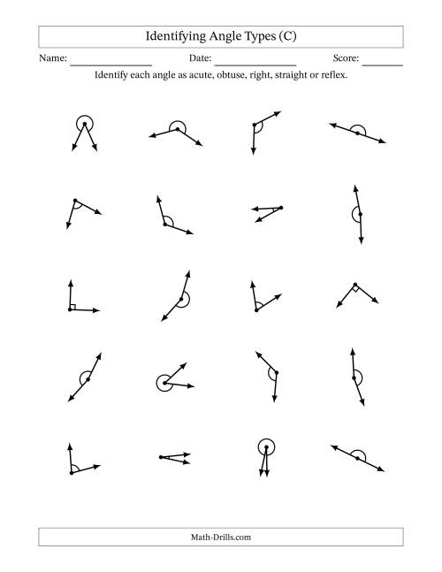 The Identifying Acute, Obtuse, Right, Straight And Reflex Angles With Angle Marks (C) Math Worksheet