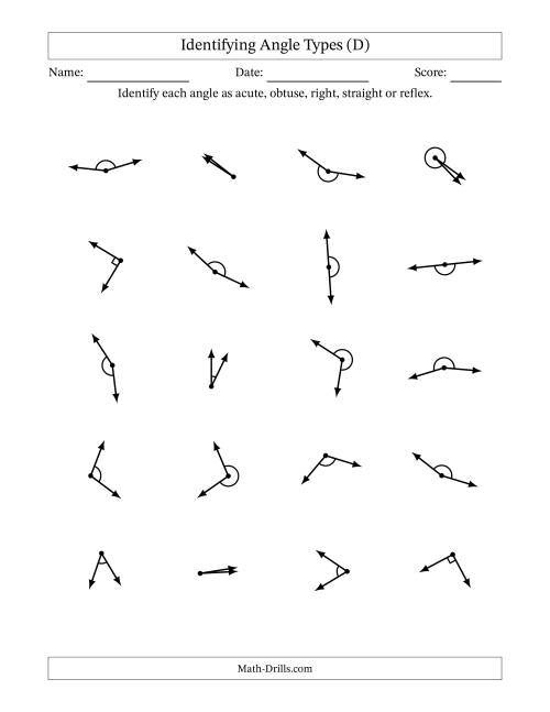 The Identifying Acute, Obtuse, Right, Straight And Reflex Angles With Angle Marks (D) Math Worksheet