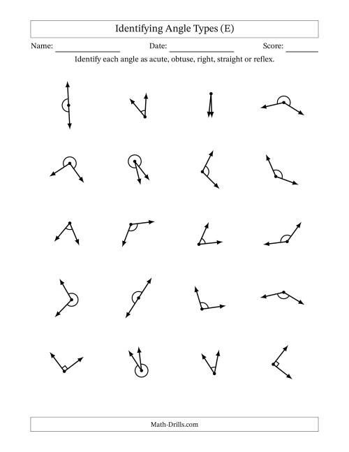 The Identifying Acute, Obtuse, Right, Straight And Reflex Angles With Angle Marks (E) Math Worksheet