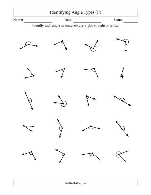 The Identifying Acute, Obtuse, Right, Straight And Reflex Angles With Angle Marks (F) Math Worksheet