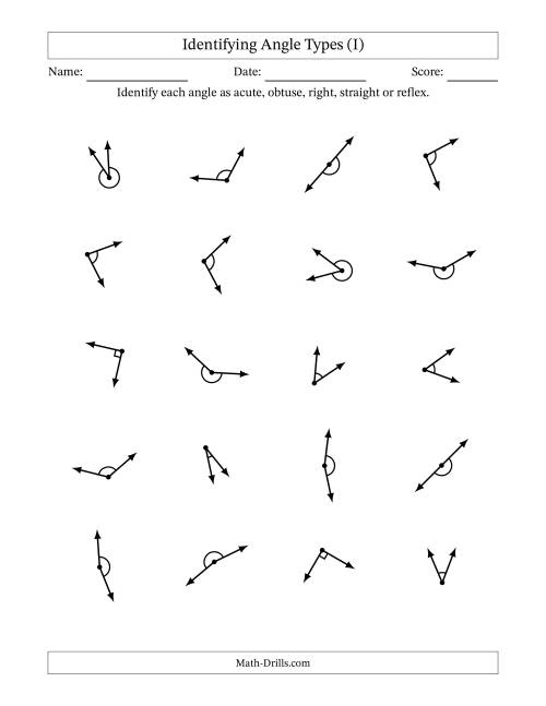 The Identifying Acute, Obtuse, Right, Straight And Reflex Angles With Angle Marks (I) Math Worksheet