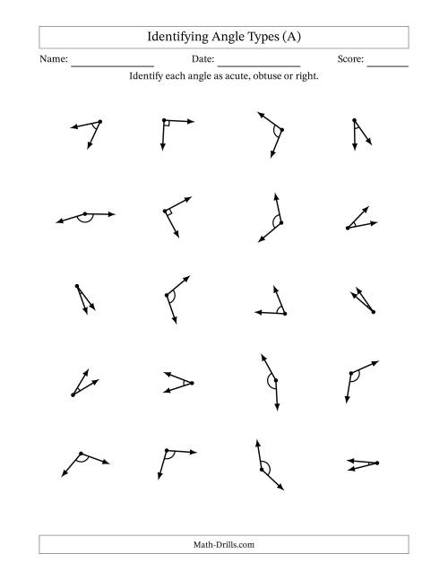 The Identifying Acute, Obtuse And Right Angles With Angle Marks (A) Math Worksheet