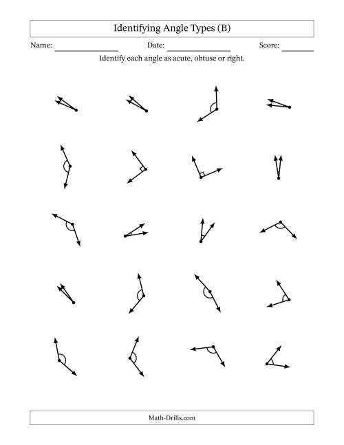 The Identifying Acute, Obtuse And Right Angles With Angle Marks (B) Math Worksheet